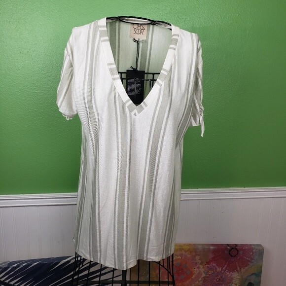 Chaser Tops - Chaser Women's Grey White Vertical Stripe Long Tunic Top Size Medium